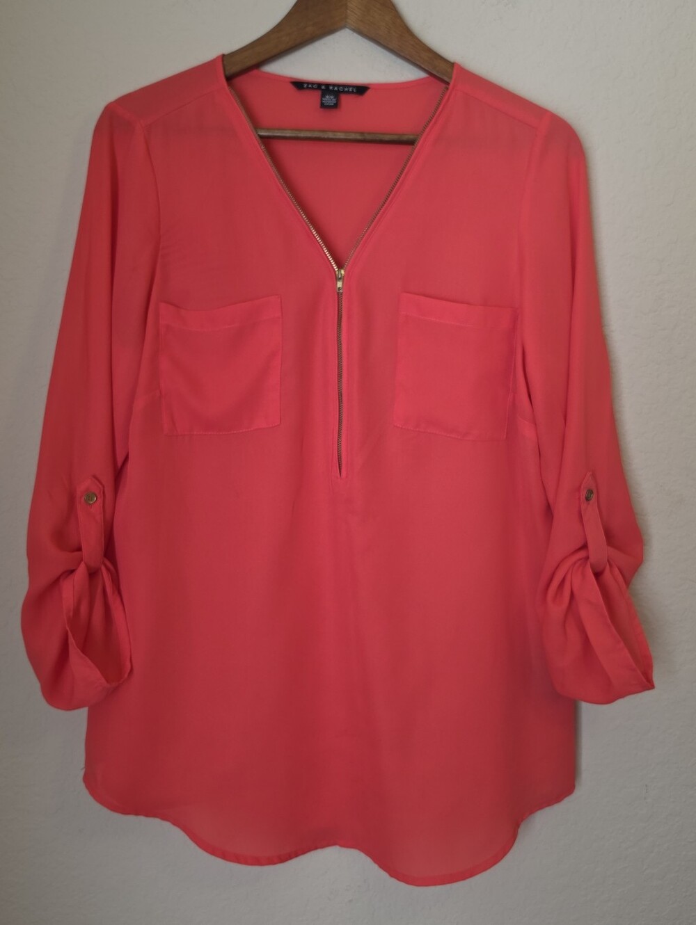 Zac & Rachel Half Zip Blouse Womens Medium Coral Flowy Office Career Wear Top